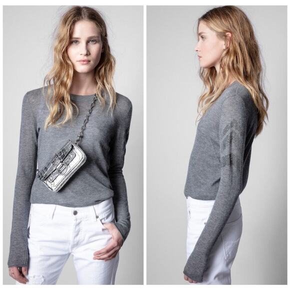 B56 Zadig & Voltaire Miss CP Arrow Cashmere Sweater Womens XS Studded Rock Chic - Picture 1 of 10